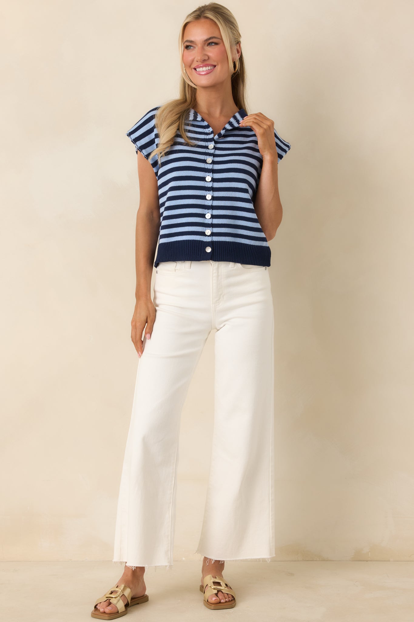 Women's It All Lines Up Navy & Light Blue Stripe Knit Button Front Top | 100% Cotton 3