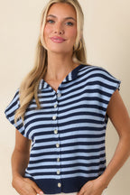 Women's It All Lines Up Navy & Light Blue Stripe Knit Button Front Top | 100% Cotton 5