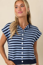 Women's It All Lines Up Navy & Light Blue Stripe Knit Button Front Top | 100% Cotton 6