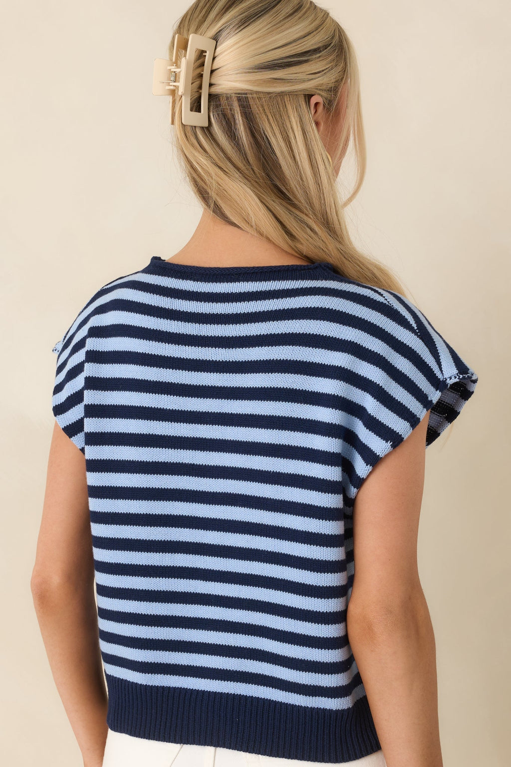 Women's It All Lines Up Navy & Light Blue Stripe Knit Button Front Top | 100% Cotton 7