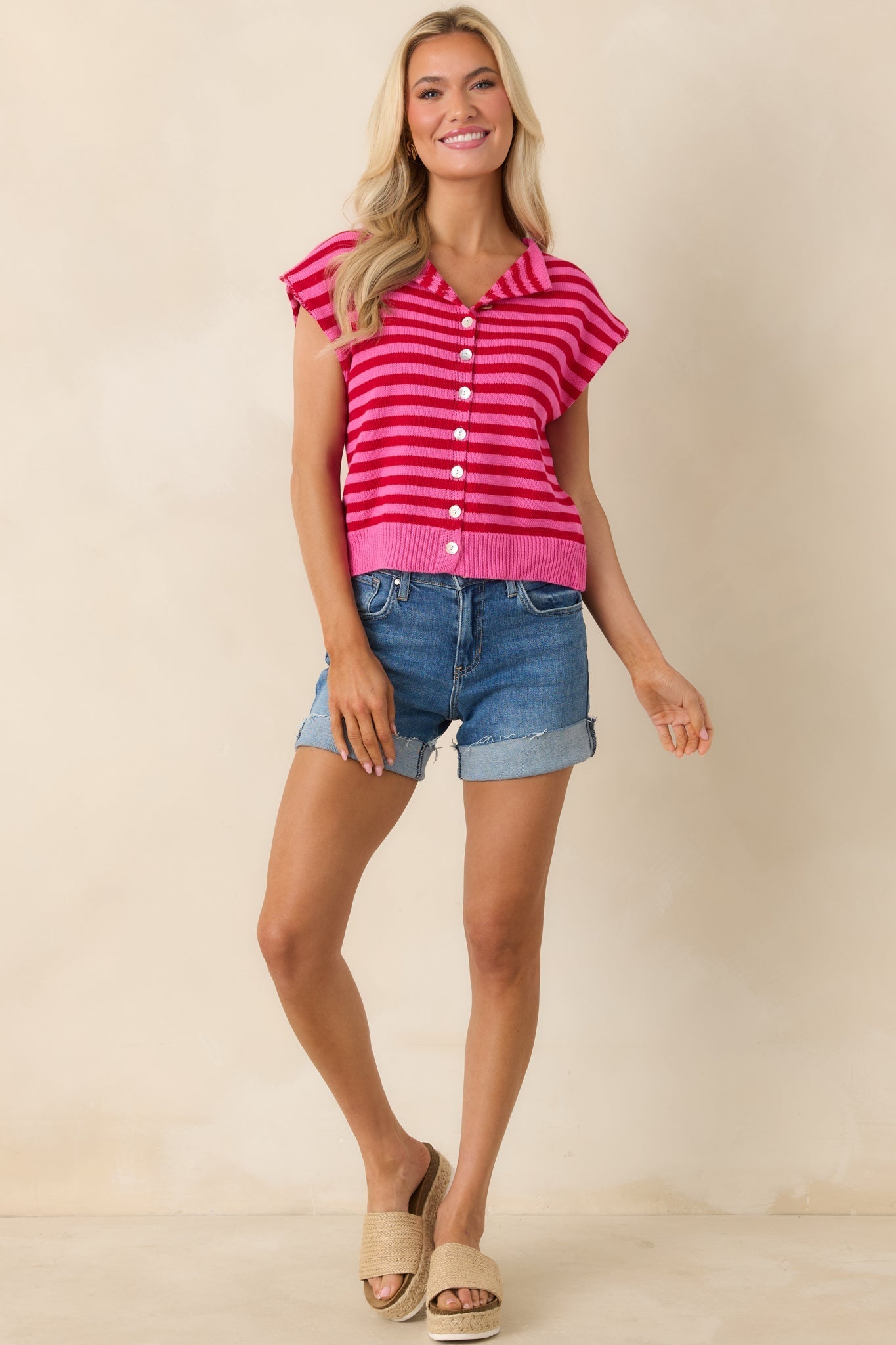 Women's It All Lines Up Red & Pink Stripe Knit Cotton Button Front Top | 100% Cotton 0