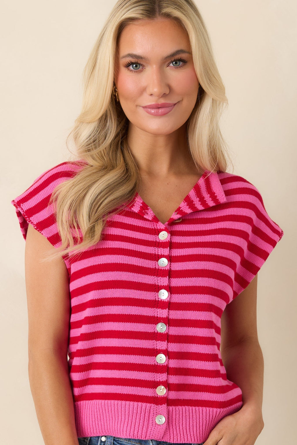 Women's It All Lines Up Red & Pink Stripe Knit Cotton Button Front Top | 100% Cotton 1
