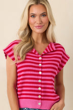 Women's It All Lines Up Red & Pink Stripe Knit Cotton Button Front Top | 100% Cotton 1