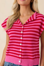 Women's It All Lines Up Red & Pink Stripe Knit Cotton Button Front Top | 100% Cotton 2