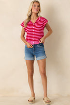 Women's It All Lines Up Red & Pink Stripe Knit Cotton Button Front Top | 100% Cotton 3