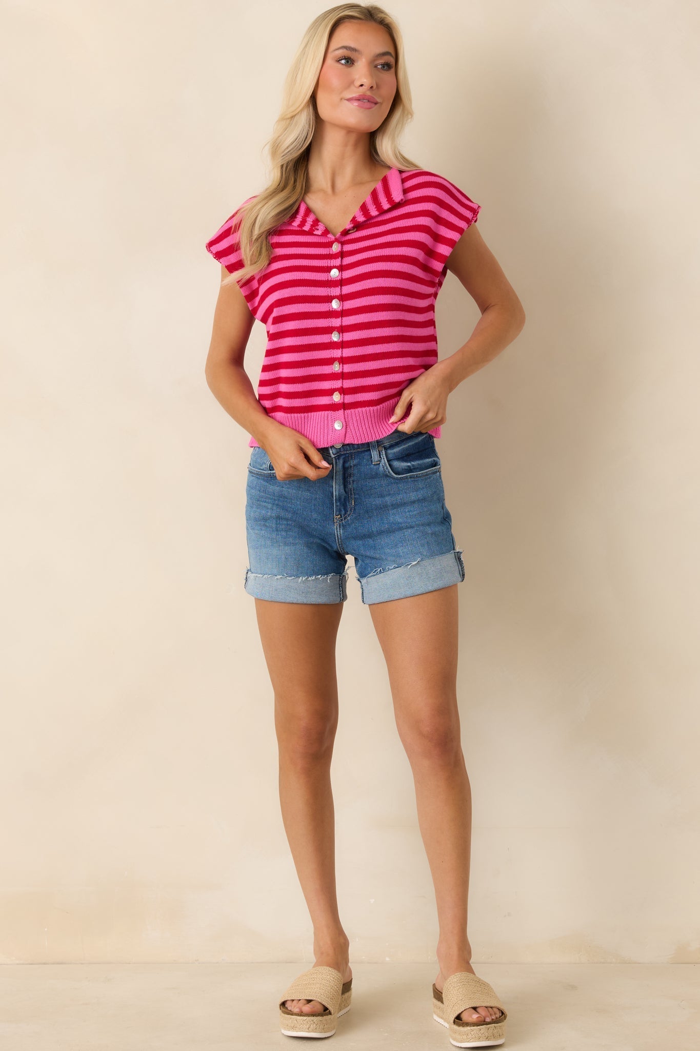 Women's It All Lines Up Red & Pink Stripe Knit Cotton Button Front Top | 100% Cotton 3