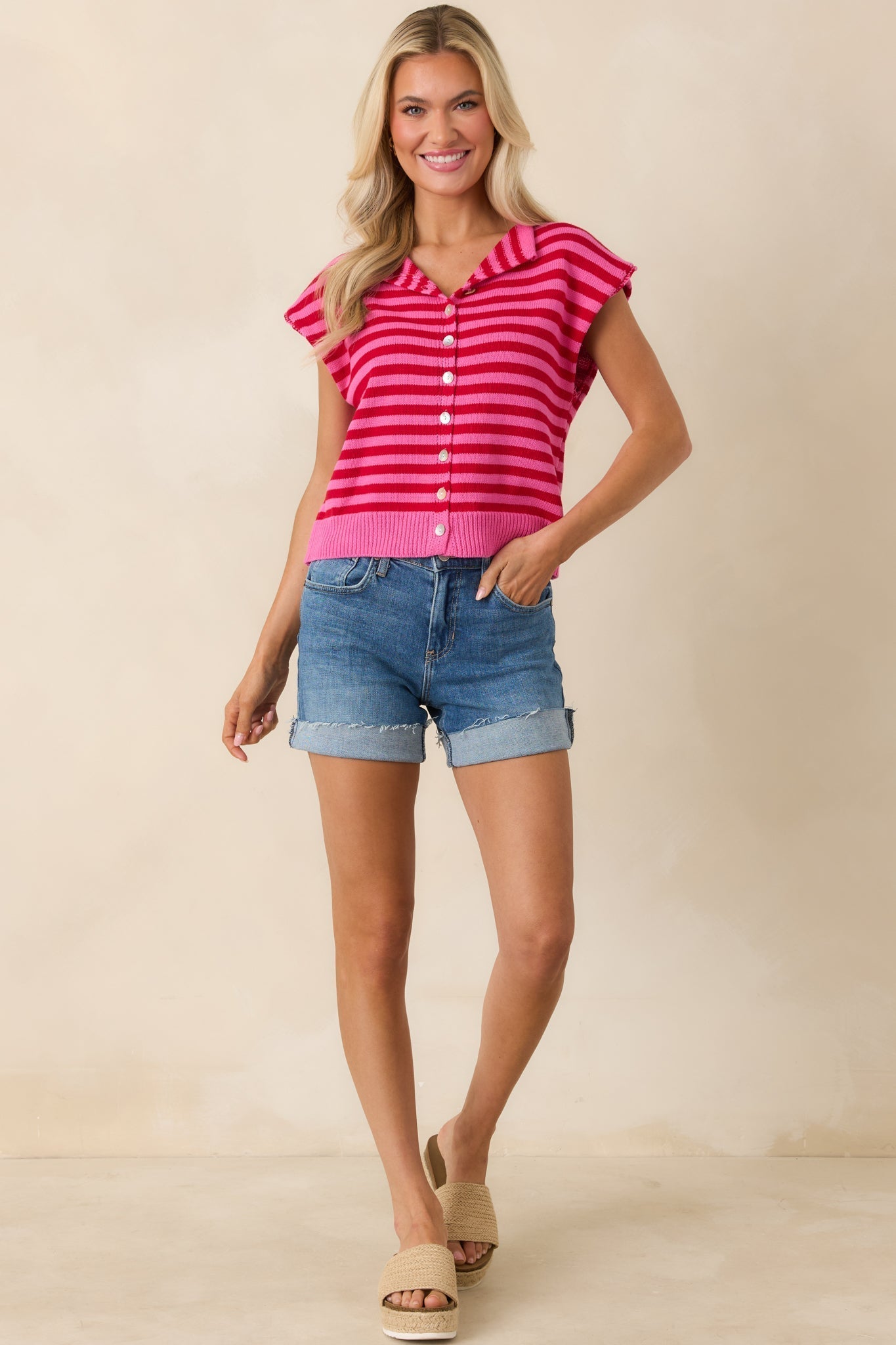 Women's It All Lines Up Red & Pink Stripe Knit Cotton Button Front Top | 100% Cotton 4
