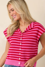 Women's It All Lines Up Red & Pink Stripe Knit Cotton Button Front Top | 100% Cotton 6
