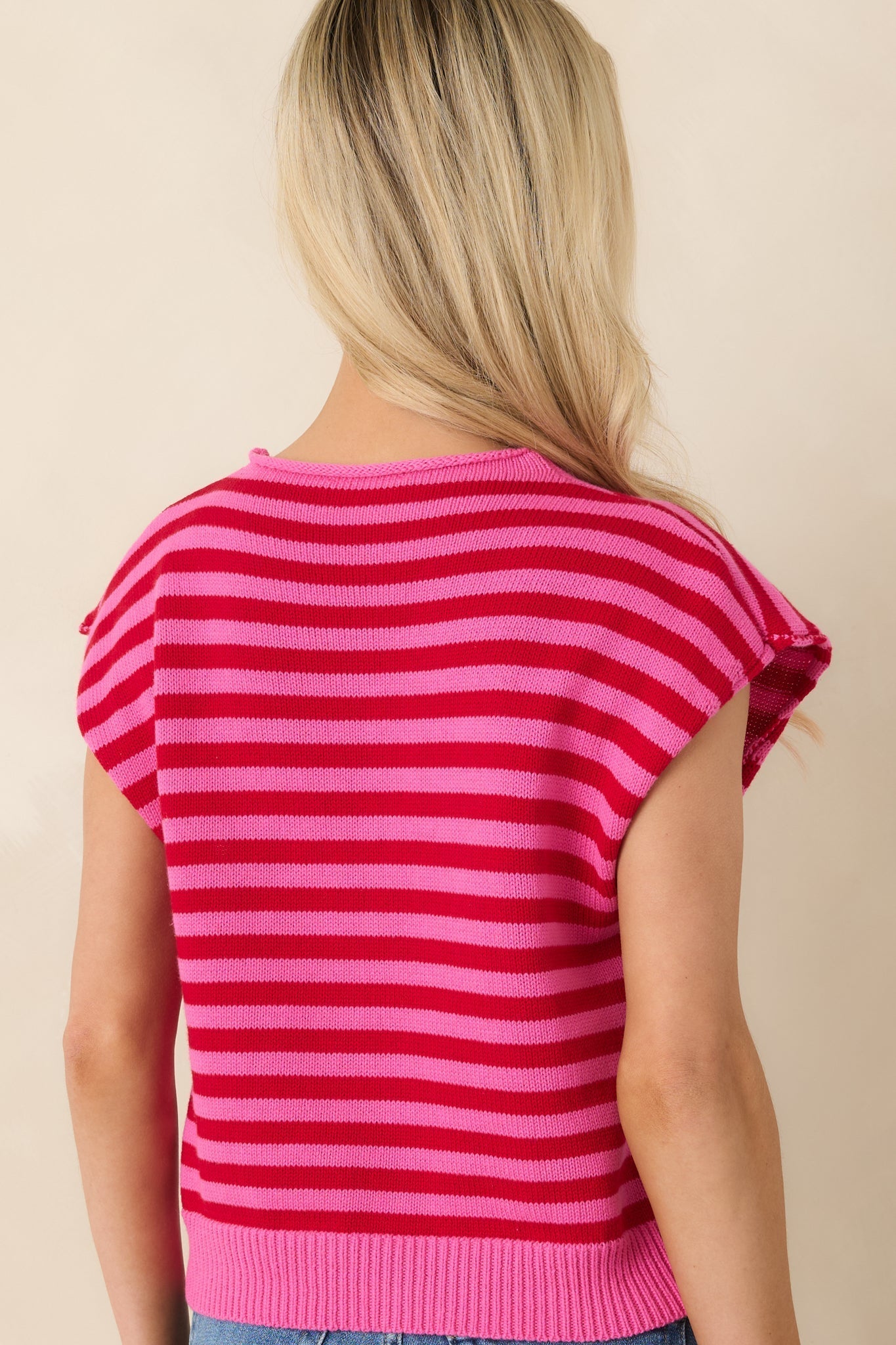Women's It All Lines Up Red & Pink Stripe Knit Cotton Button Front Top | 100% Cotton 7