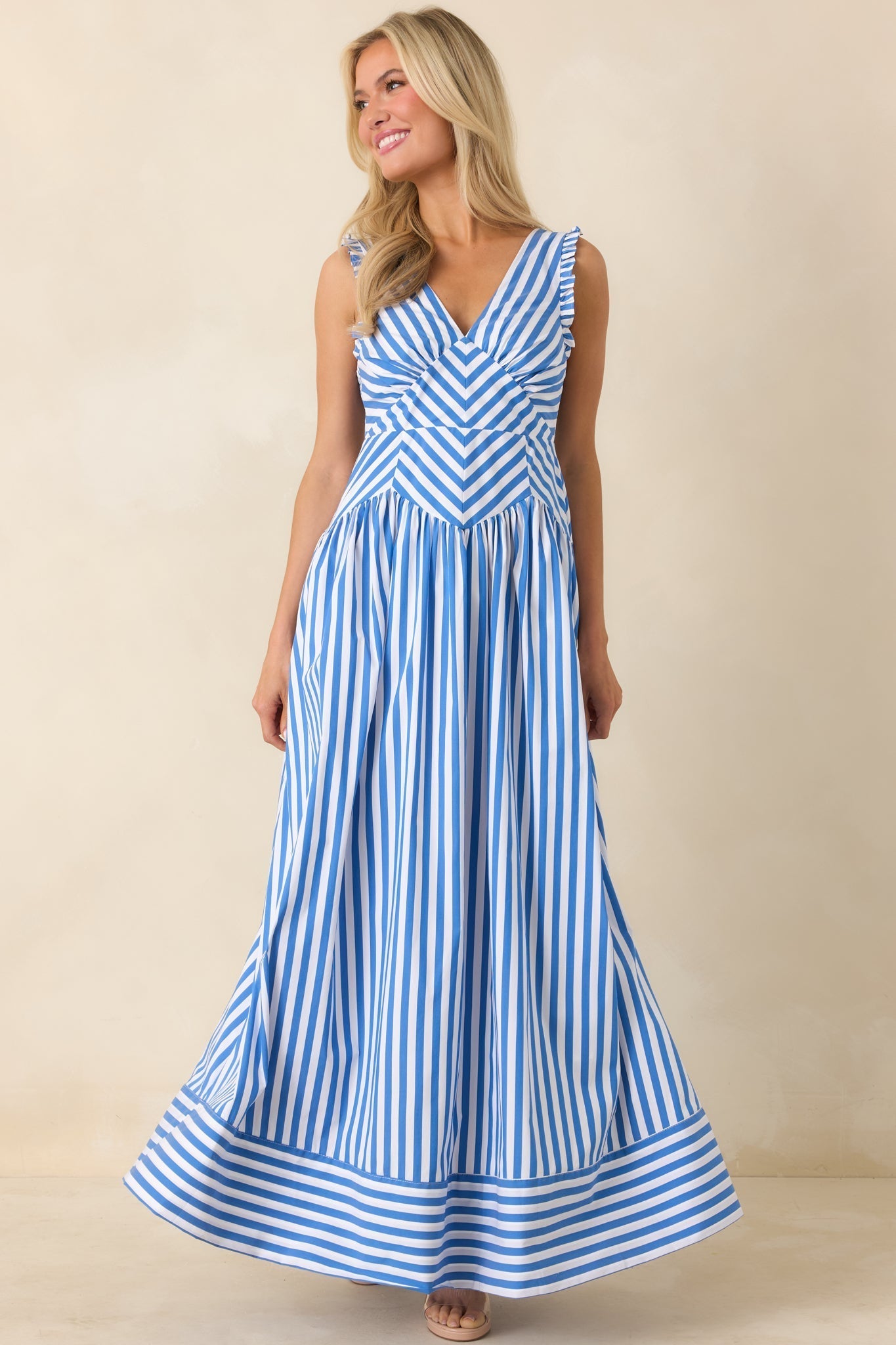Women's It’s a Good Thing Blue Stripe Cotton Blend Sleeveless Maxi Dress | 70% Cotton 4