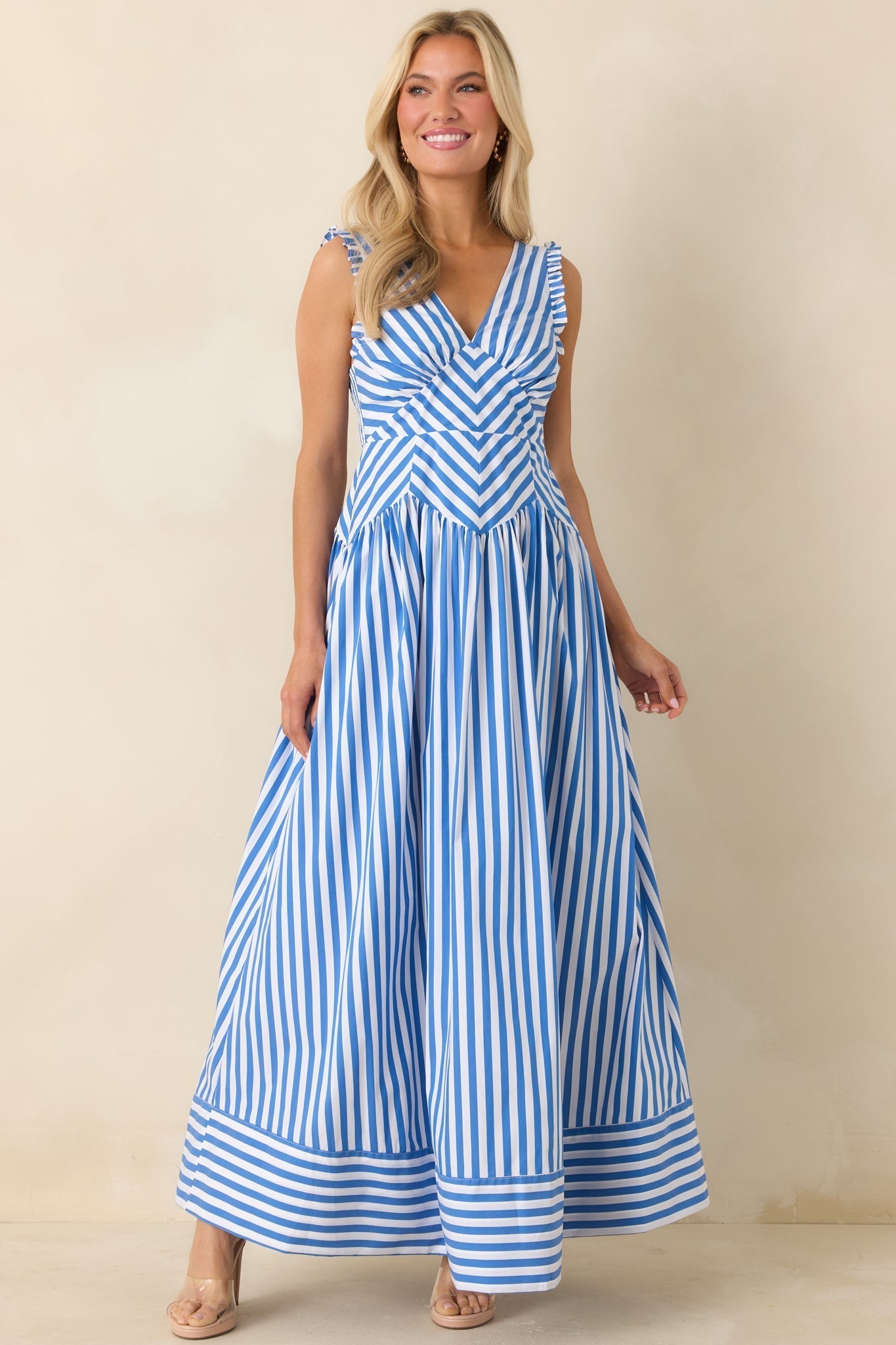 Women's It’s a Good Thing Blue Stripe Cotton Blend Sleeveless Maxi Dress | 70% Cotton 6