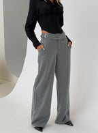 Women's Jinny Relaxed Buckle Tailored Pants Grey Pinstripe | Tailored pants in pinstripe print with buckle deta 0