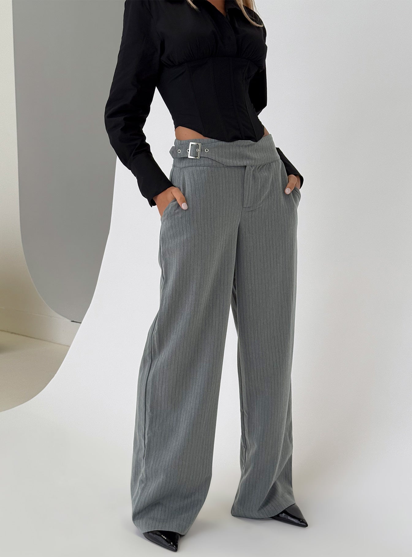 Women's Jinny Relaxed Buckle Tailored Pants Grey Pinstripe | Tailored pants in pinstripe print with buckle deta 0
