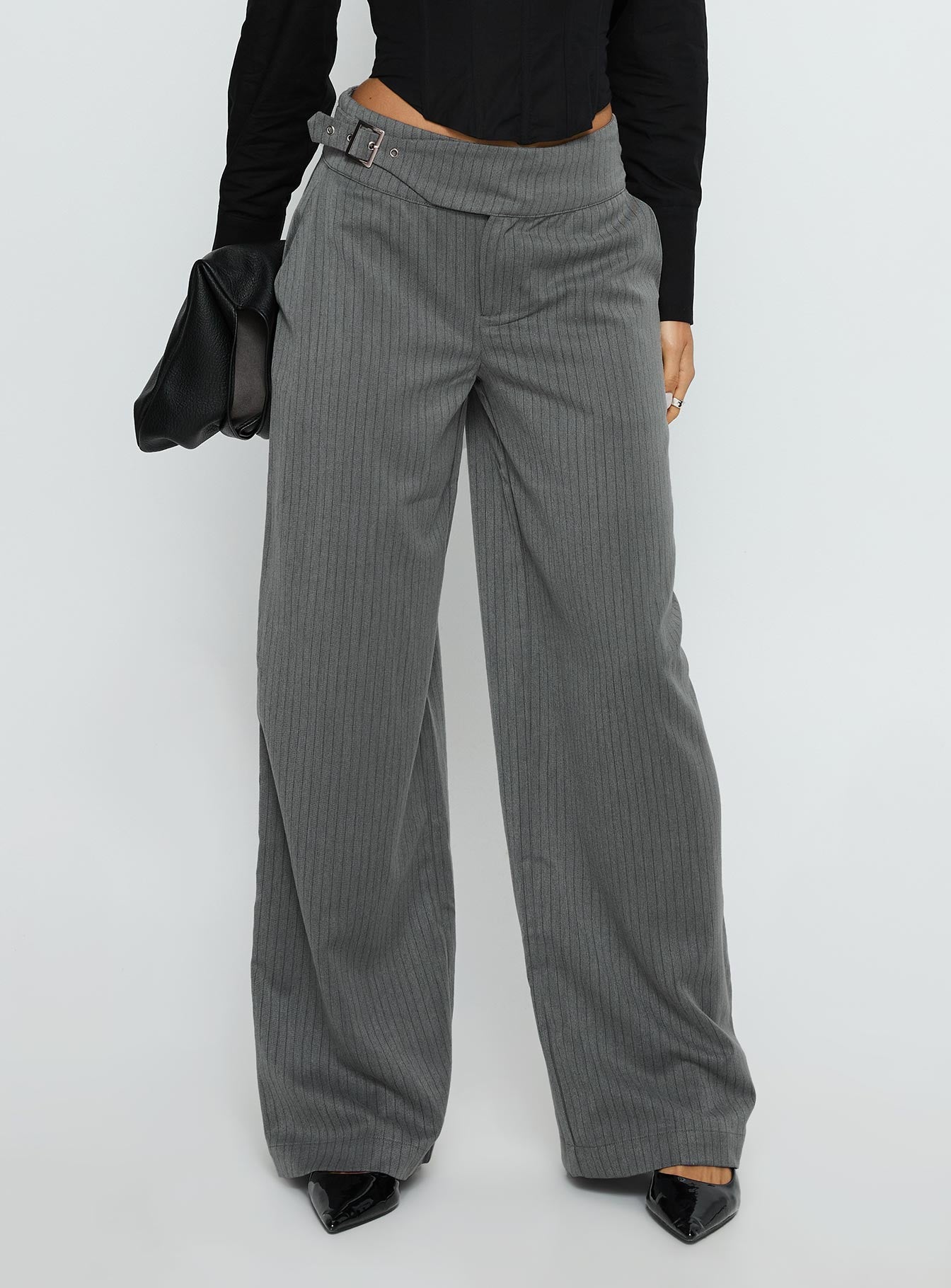Women's Jinny Relaxed Buckle Tailored Pants Grey Pinstripe | Tailored pants in pinstripe print with buckle deta 1