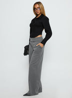 Women's Jinny Relaxed Buckle Tailored Pants Grey Pinstripe | Tailored pants in pinstripe print with buckle deta 3