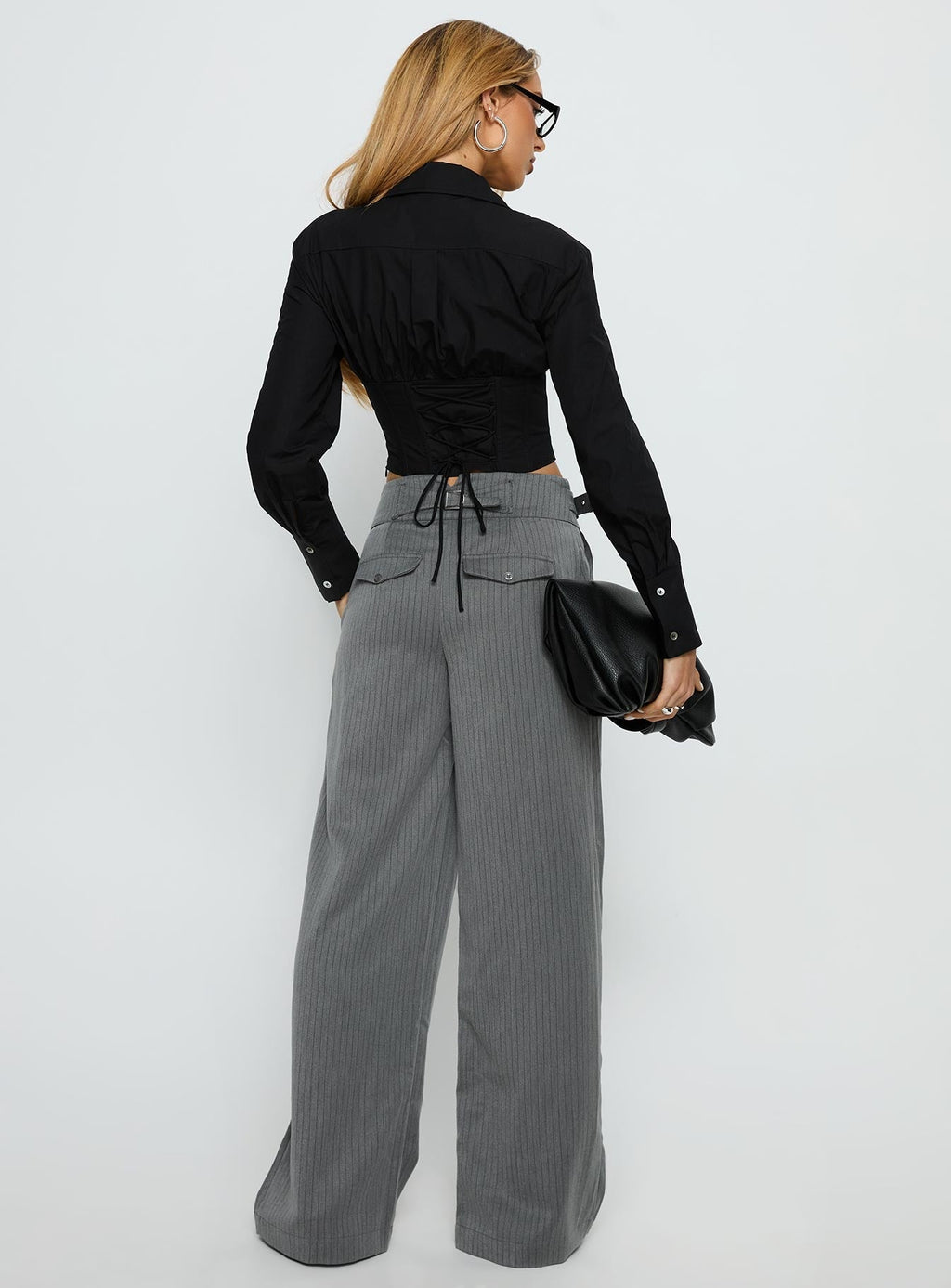 Women's Jinny Relaxed Buckle Tailored Pants Grey Pinstripe | Tailored pants in pinstripe print with buckle deta 4