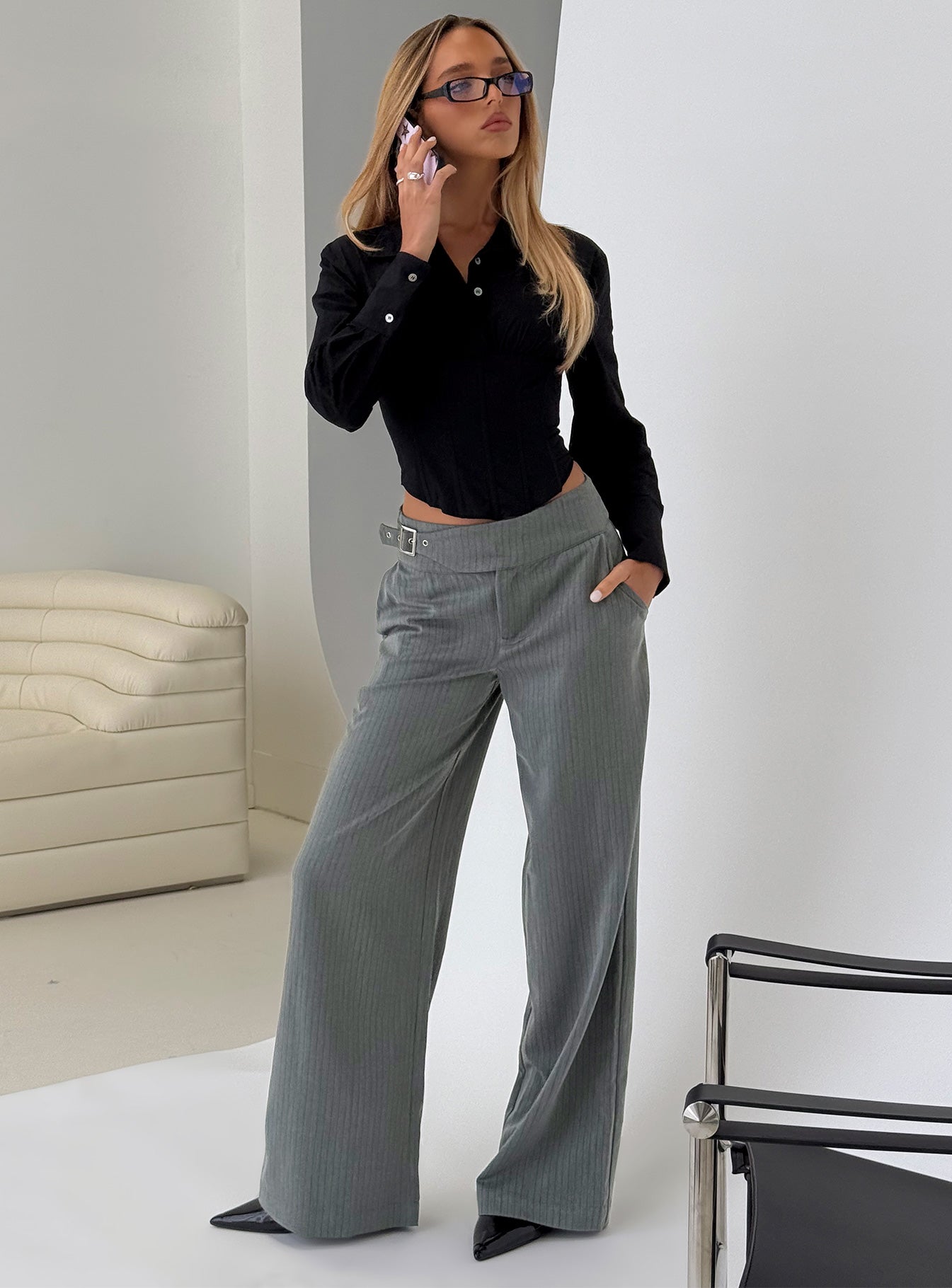 Women's Jinny Relaxed Buckle Tailored Pants Grey Pinstripe | Tailored pants in pinstripe print with buckle deta 7