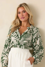 Women's Jungle Luxe Green Tropical Print Button Front Top | 80% Rayon 1