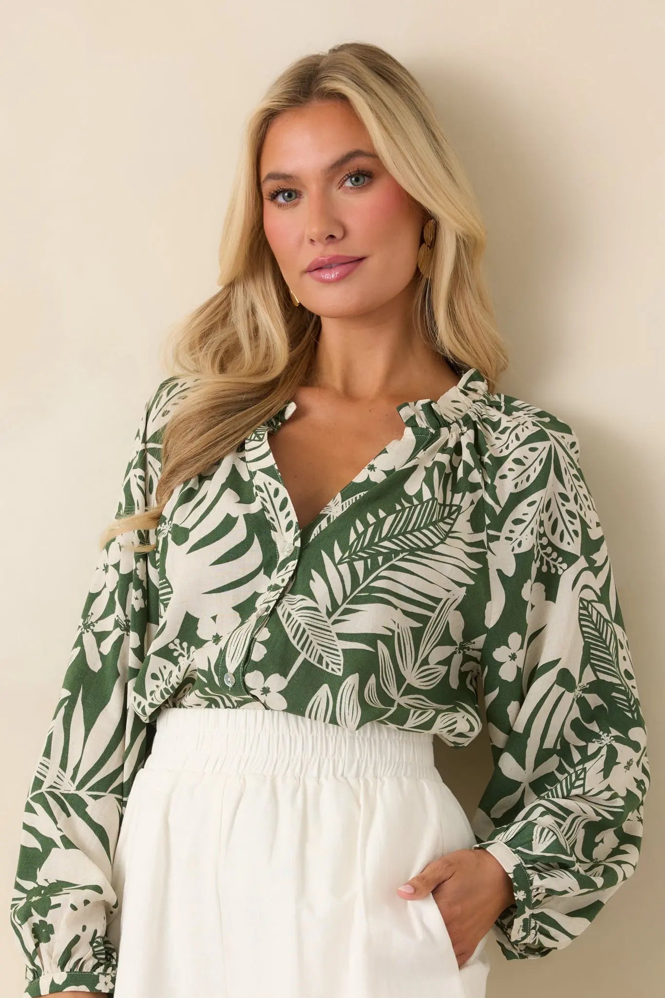 Women's Jungle Luxe Green Tropical Print Button Front Top | 80% Rayon 1