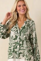 Women's Jungle Luxe Green Tropical Print Button Front Top | 80% Rayon 3