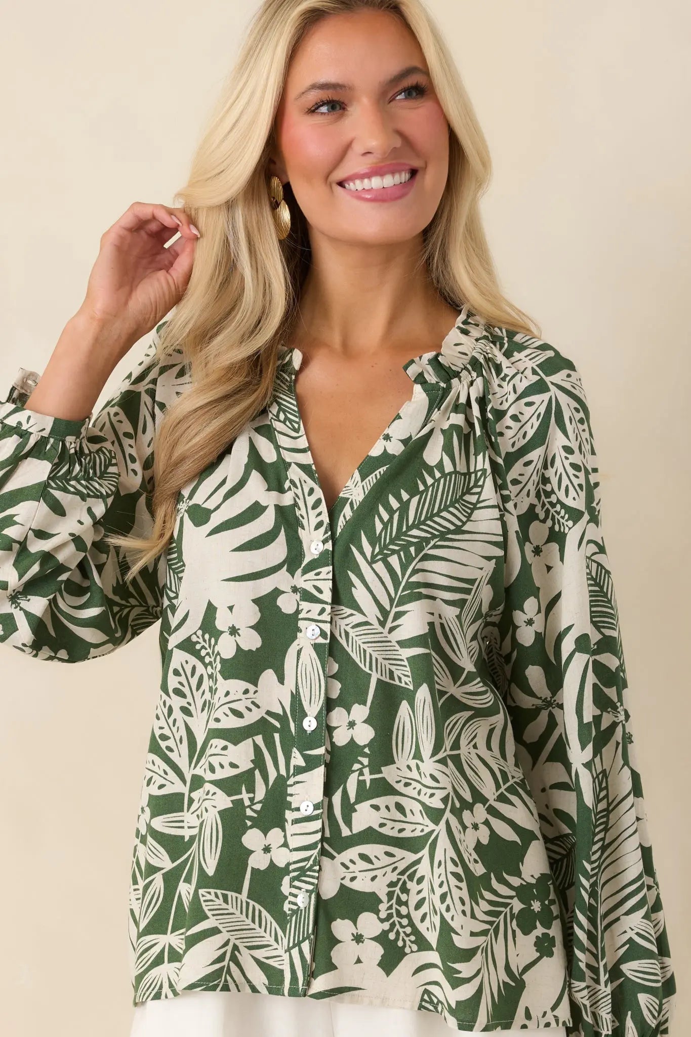Women's Jungle Luxe Green Tropical Print Button Front Top | 80% Rayon 3