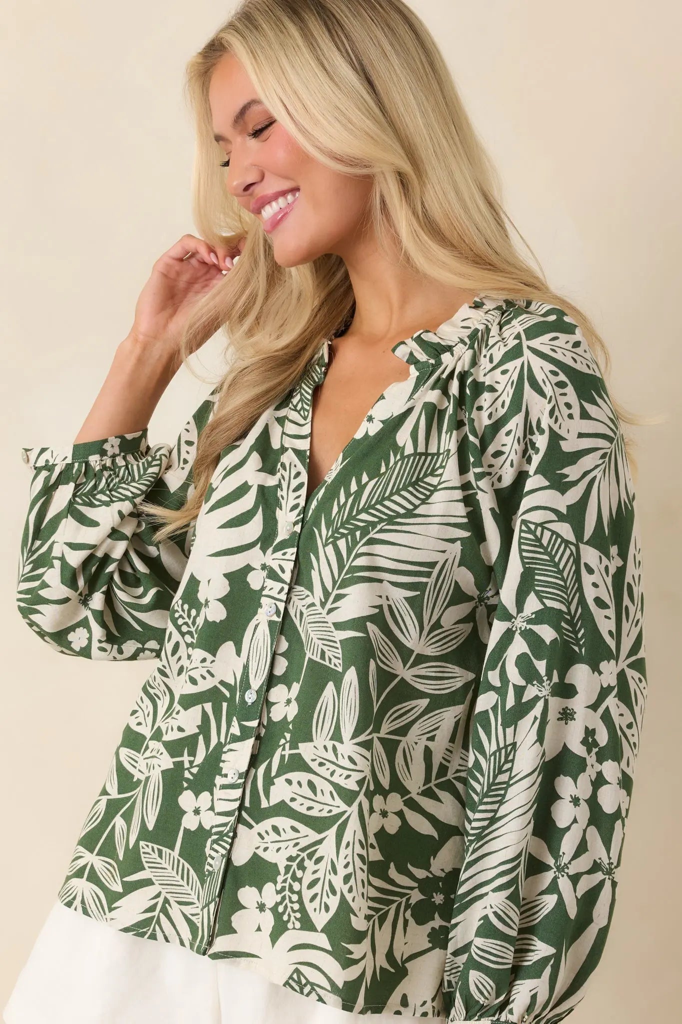 Women's Jungle Luxe Green Tropical Print Button Front Top | 80% Rayon 4