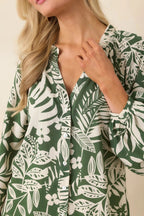 Women's Jungle Luxe Green Tropical Print Button Front Top | 80% Rayon 5