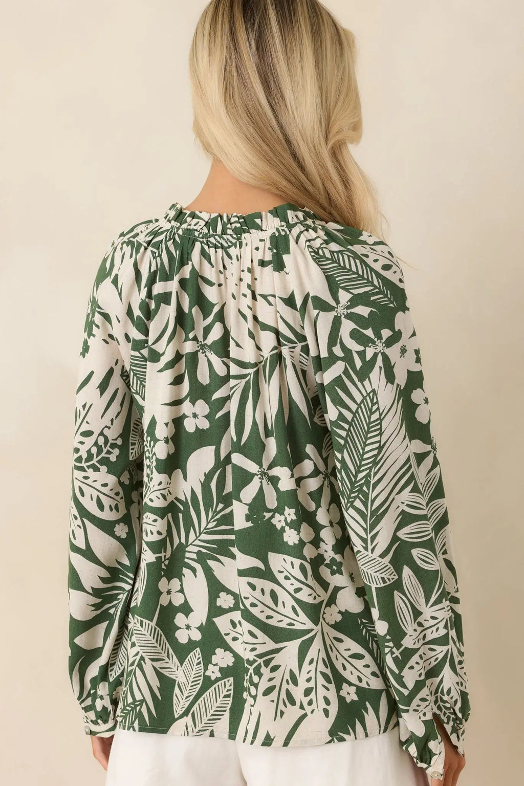 Women's Jungle Luxe Green Tropical Print Button Front Top | 80% Rayon 6