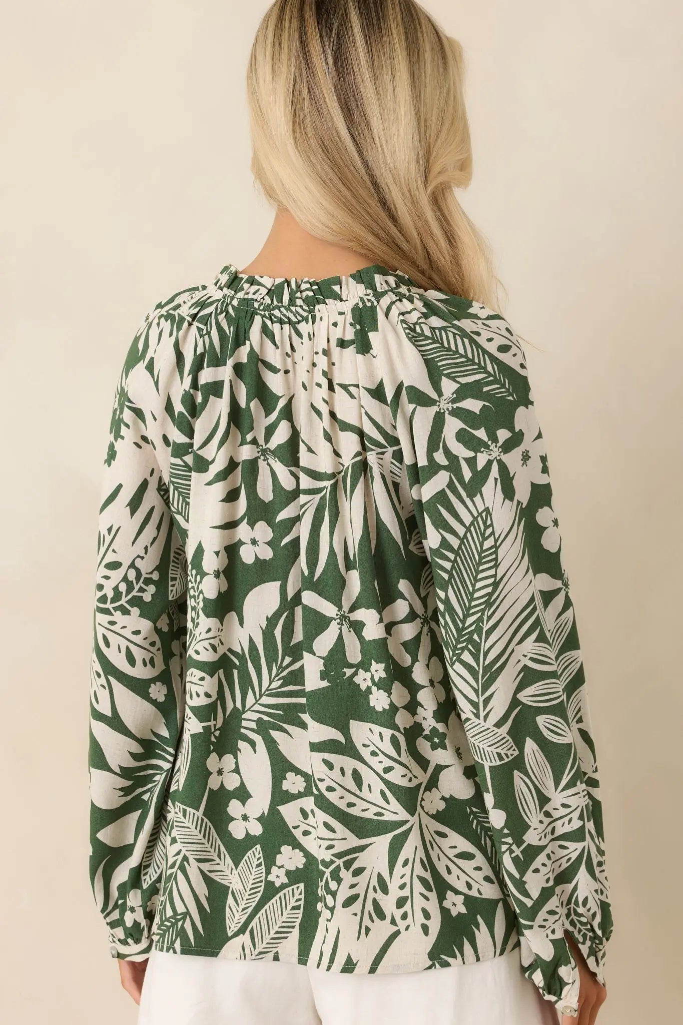 Women's Jungle Luxe Green Tropical Print Button Front Top | 80% Rayon 6