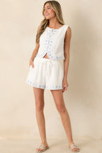 Women's Just Beachy Ivory Cotton Embroidered Seashell Top | 100% Cotton 5