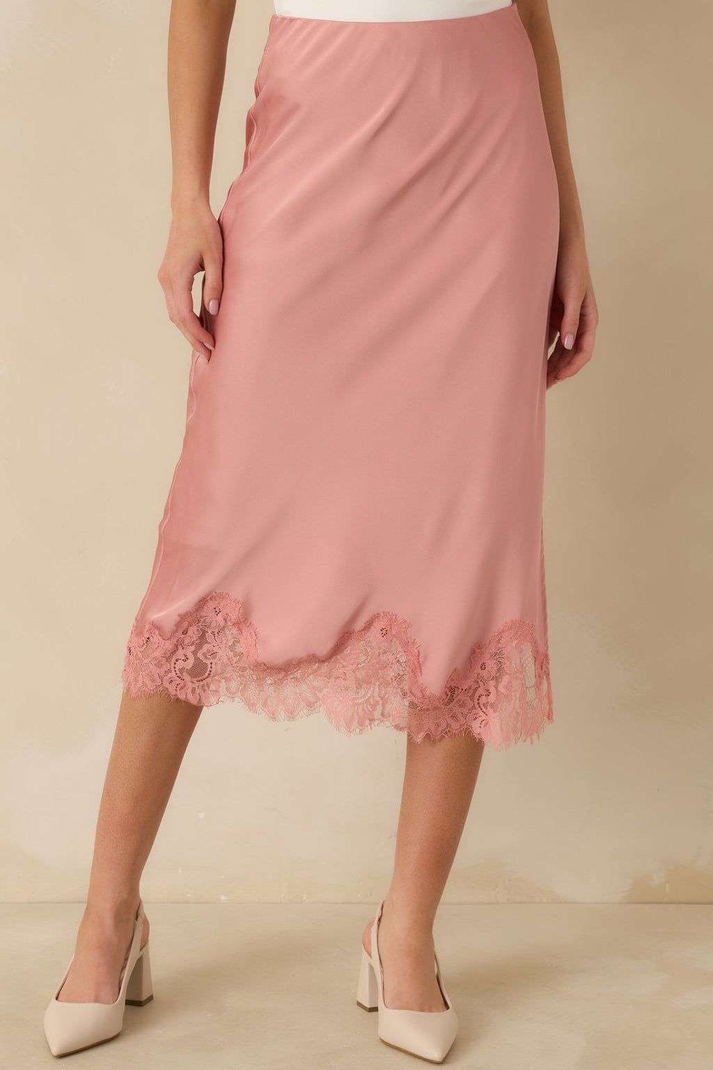 Women's Just Call Me Later Blush Pink Satin Lace Trim Midi Skirt | 100% Polyester 0