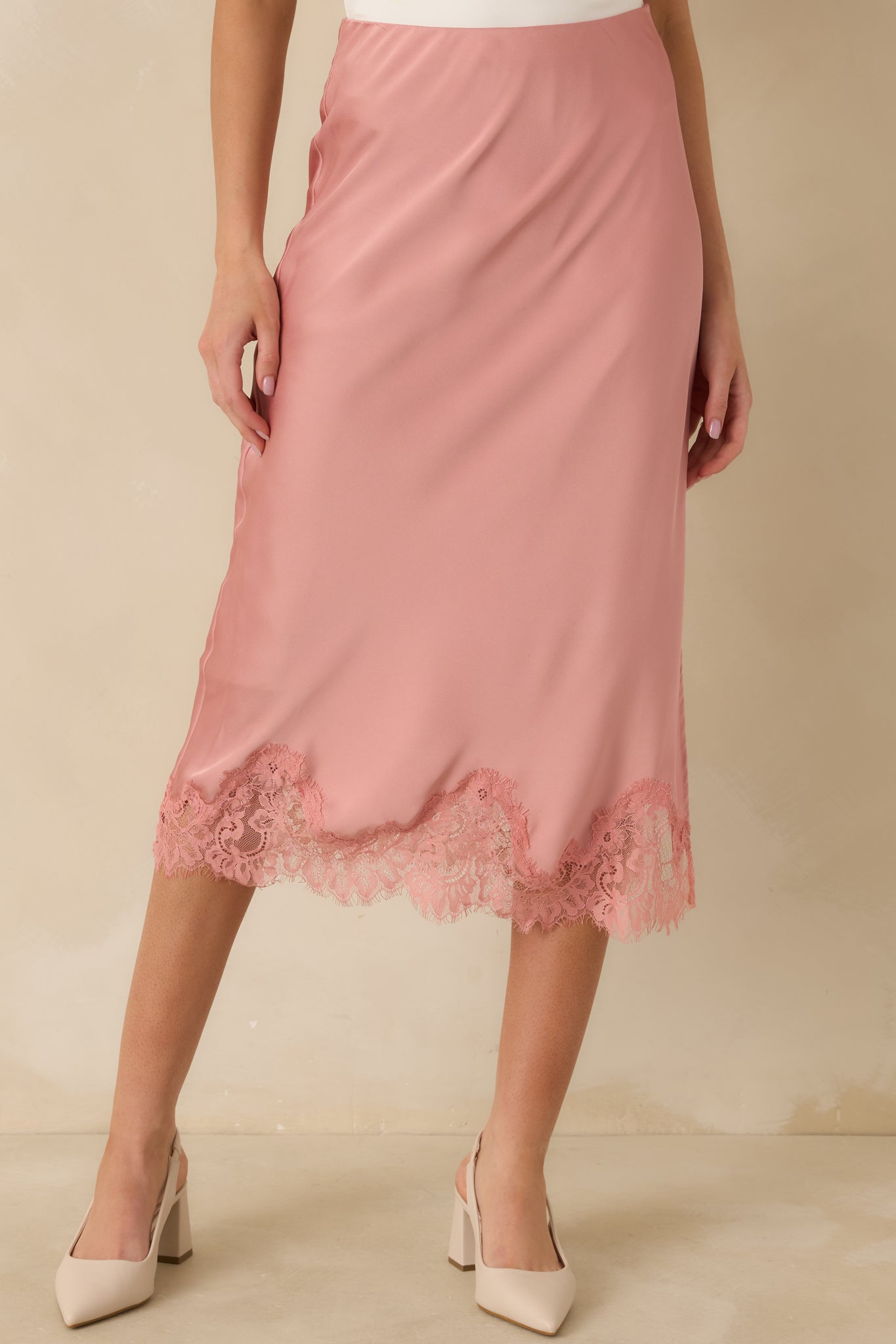 Women's Just Call Me Later Blush Pink Satin Lace Trim Midi Skirt | 100% Polyester 0