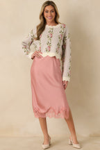 Women's Just Call Me Later Blush Pink Satin Lace Trim Midi Skirt | 100% Polyester 1