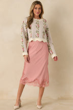 Women's Just Call Me Later Blush Pink Satin Lace Trim Midi Skirt | 100% Polyester 2