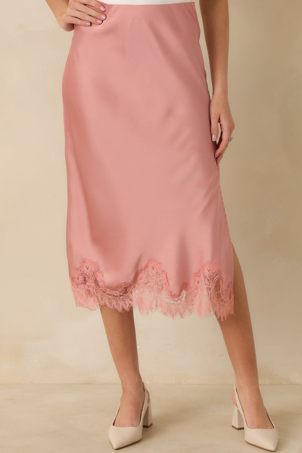 Women's Just Call Me Later Blush Pink Satin Lace Trim Midi Skirt | 100% Polyester 3