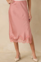 Women's Just Call Me Later Blush Pink Satin Lace Trim Midi Skirt | 100% Polyester 3