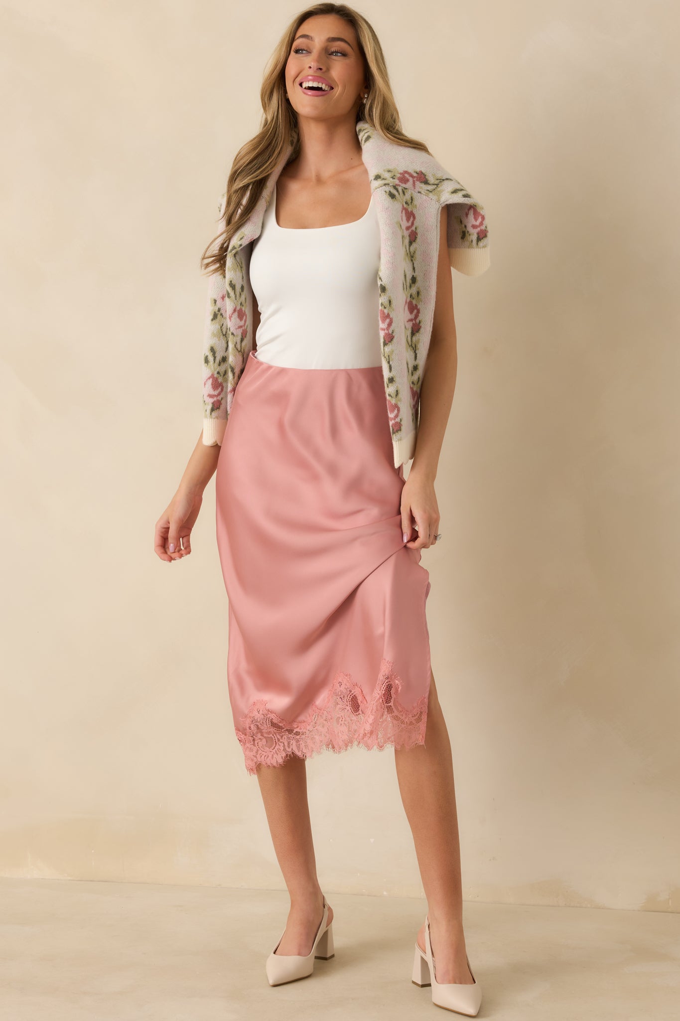 Women's Just Call Me Later Blush Pink Satin Lace Trim Midi Skirt | 100% Polyester 4