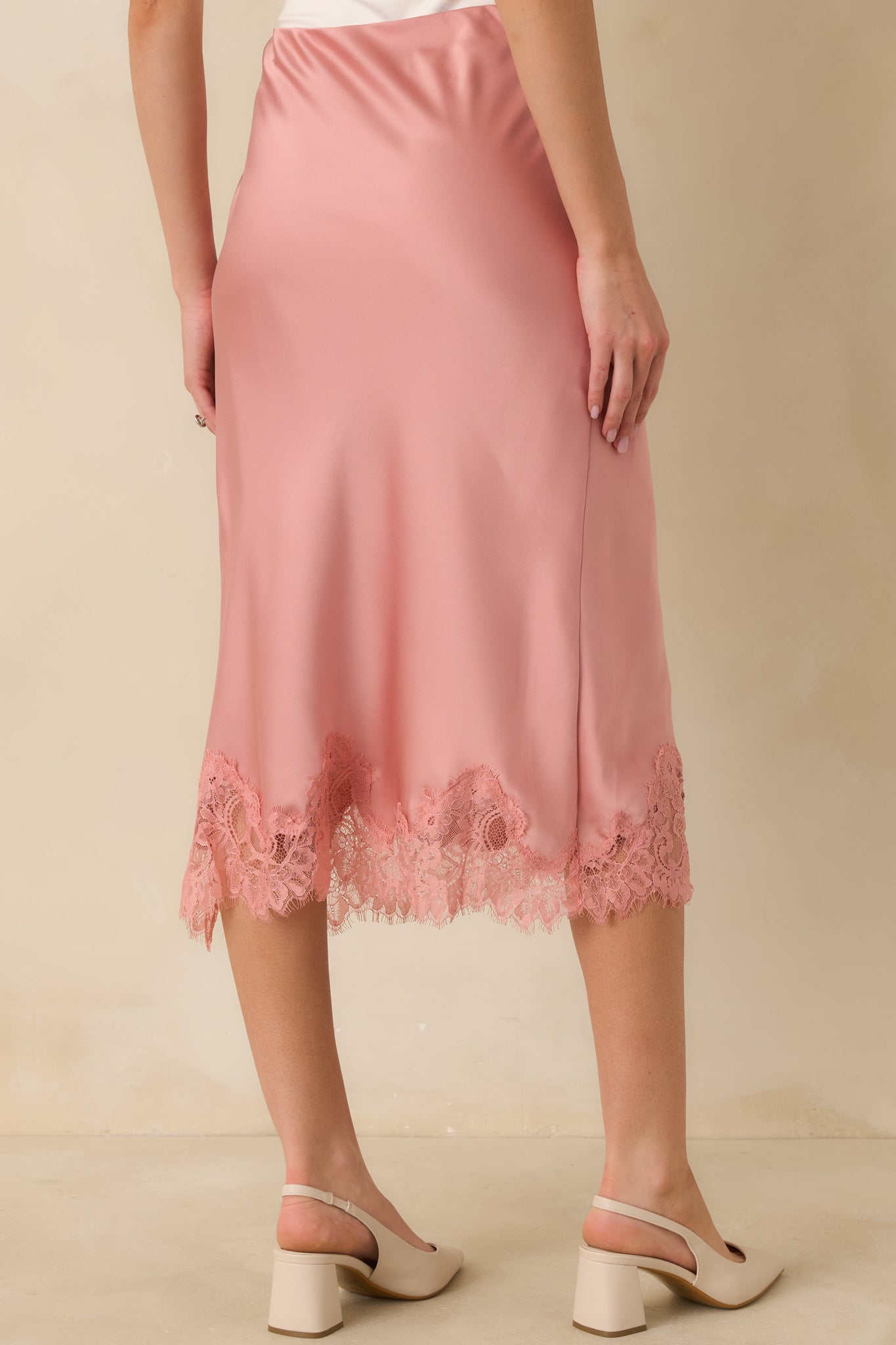 Women's Just Call Me Later Blush Pink Satin Lace Trim Midi Skirt | 100% Polyester 5