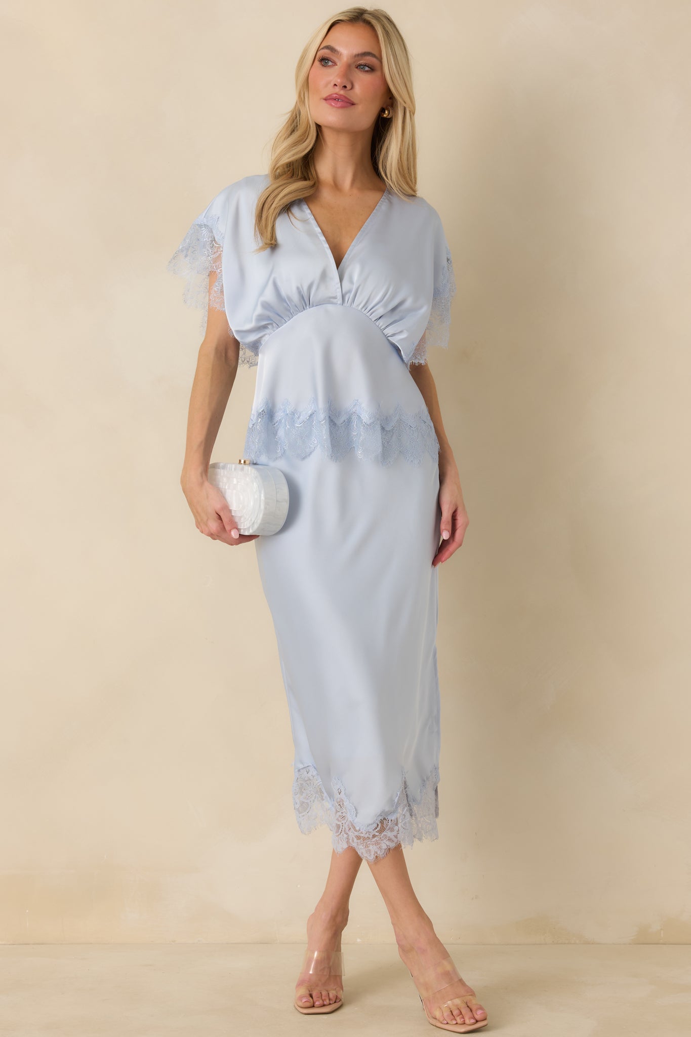Women's Just Call Me Later Powder Blue Satin Lace Trim Midi Skirt | 100% Polyester 1