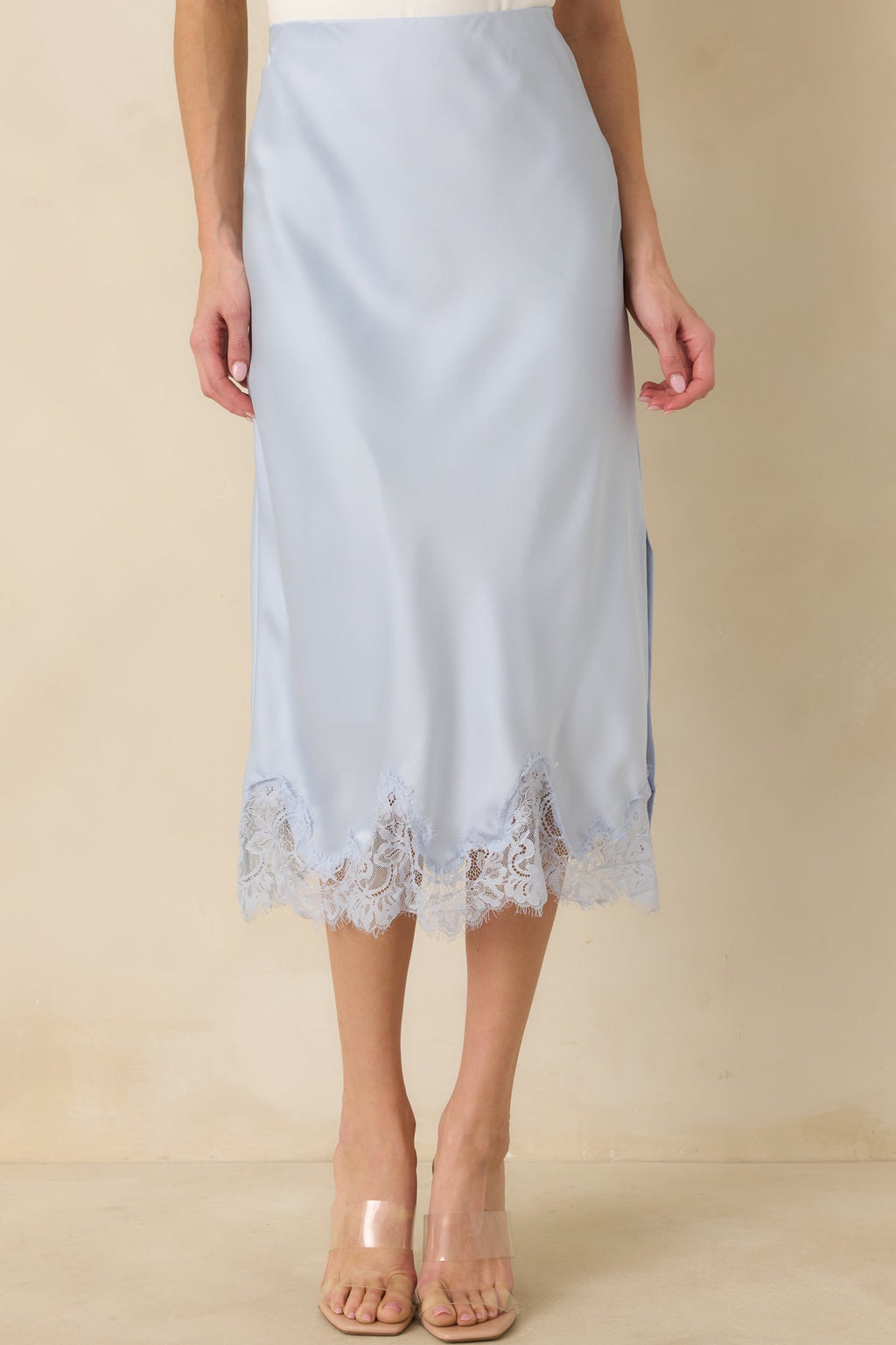 Women's Just Call Me Later Powder Blue Satin Lace Trim Midi Skirt | 100% Polyester 2