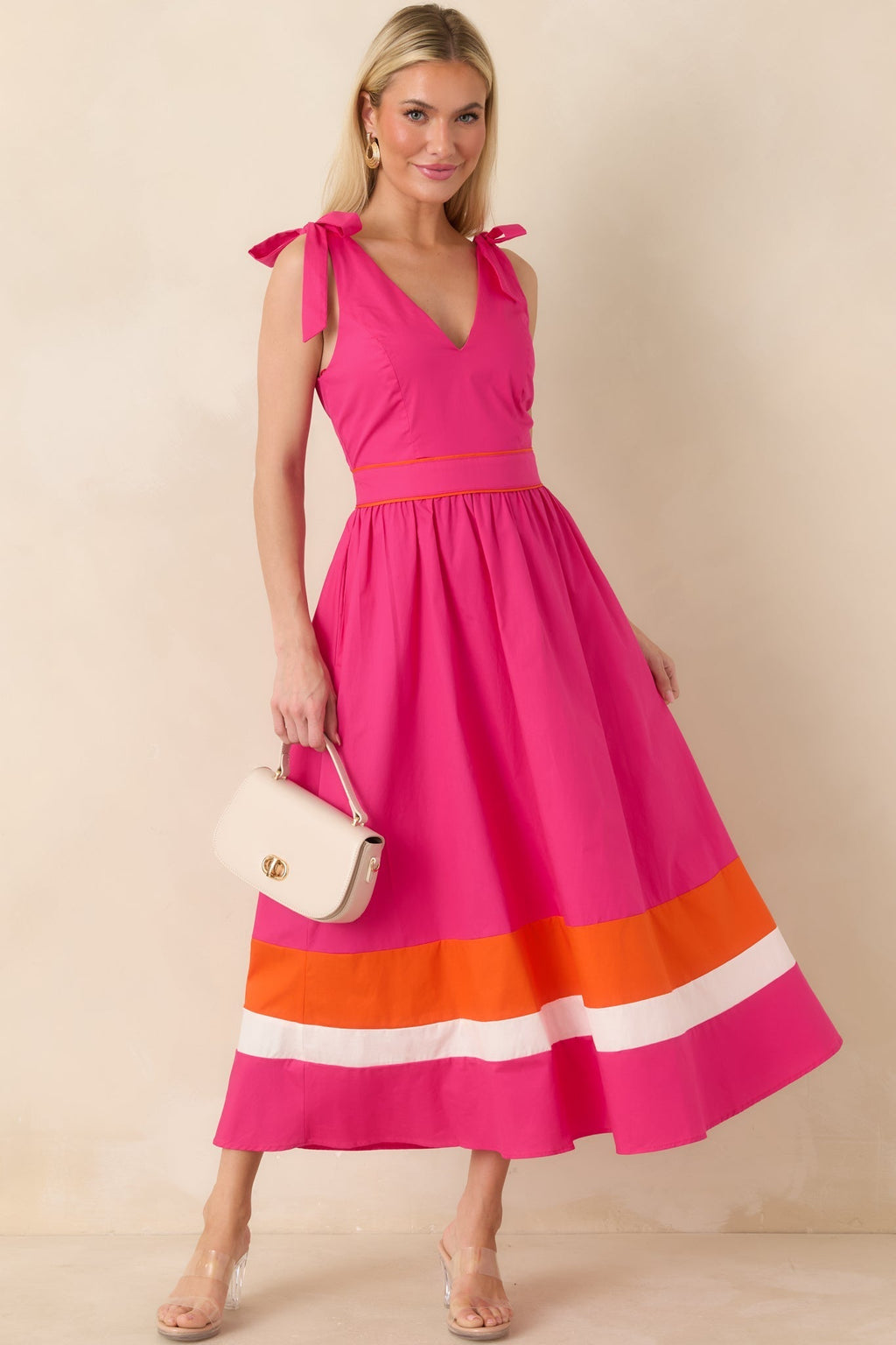 Women's Just Getting Started Fuchsia Pink & Orange Cotton Tie Strap Midi Dress | 100% Cotton Contrast: 100% Cotton 0