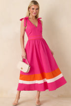 Women's Just Getting Started Fuchsia Pink & Orange Cotton Tie Strap Midi Dress | 100% Cotton Contrast: 100% Cotton 0