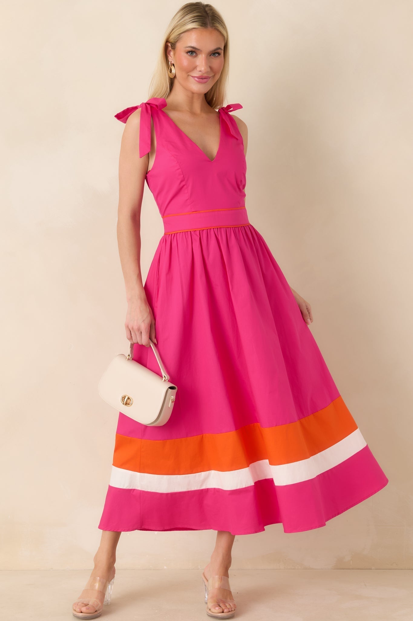 Women's Just Getting Started Fuchsia Pink & Orange Cotton Tie Strap Midi Dress | 100% Cotton Contrast: 100% Cotton 0