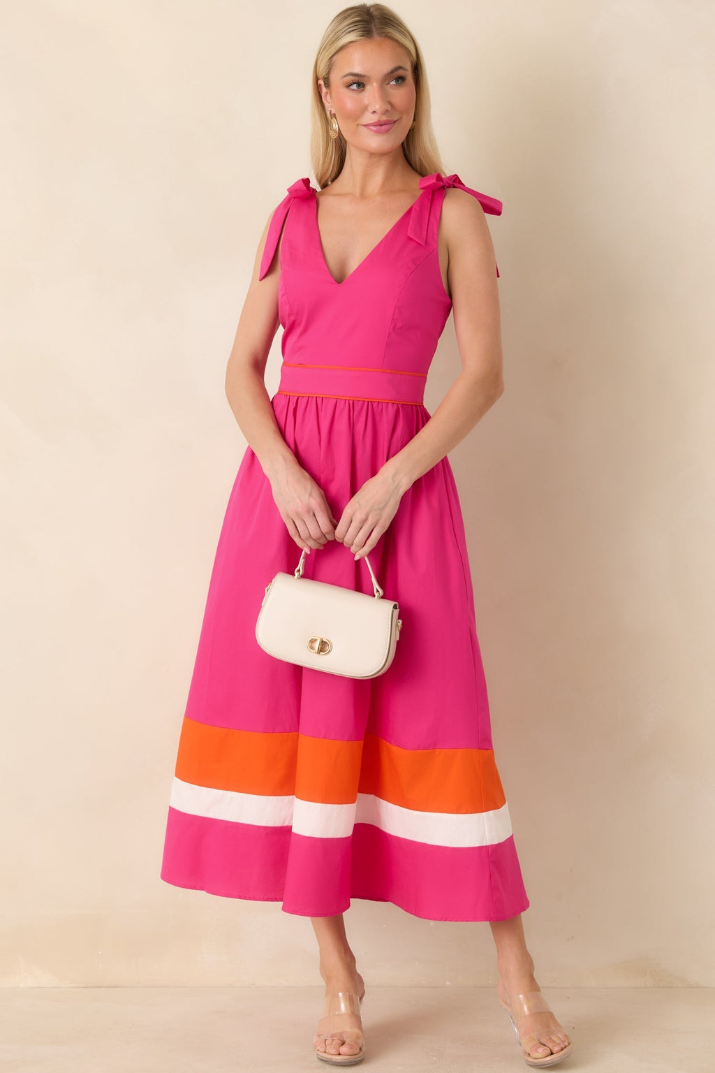 Women's Just Getting Started Fuchsia Pink & Orange Cotton Tie Strap Midi Dress | 100% Cotton Contrast: 100% Cotton 2