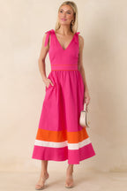 Women's Just Getting Started Fuchsia Pink & Orange Cotton Tie Strap Midi Dress | 100% Cotton Contrast: 100% Cotton 3