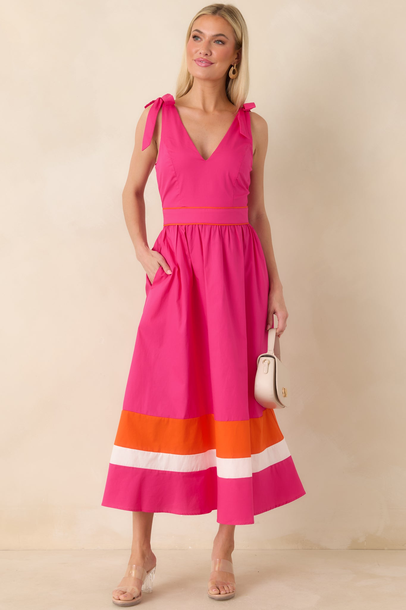 Women's Just Getting Started Fuchsia Pink & Orange Cotton Tie Strap Midi Dress | 100% Cotton Contrast: 100% Cotton 3