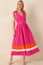 Women's Just Getting Started Fuchsia Pink & Orange Cotton Tie Strap Midi Dress | 100% Cotton Contrast: 100% Cotton 4
