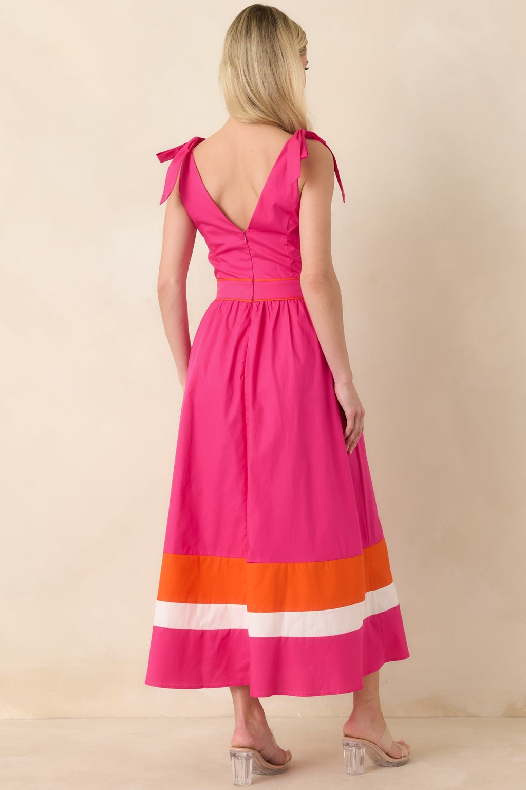 Women's Just Getting Started Fuchsia Pink & Orange Cotton Tie Strap Midi Dress | 100% Cotton Contrast: 100% Cotton 6
