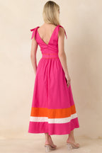 Women's Just Getting Started Fuchsia Pink & Orange Cotton Tie Strap Midi Dress | 100% Cotton Contrast: 100% Cotton 6