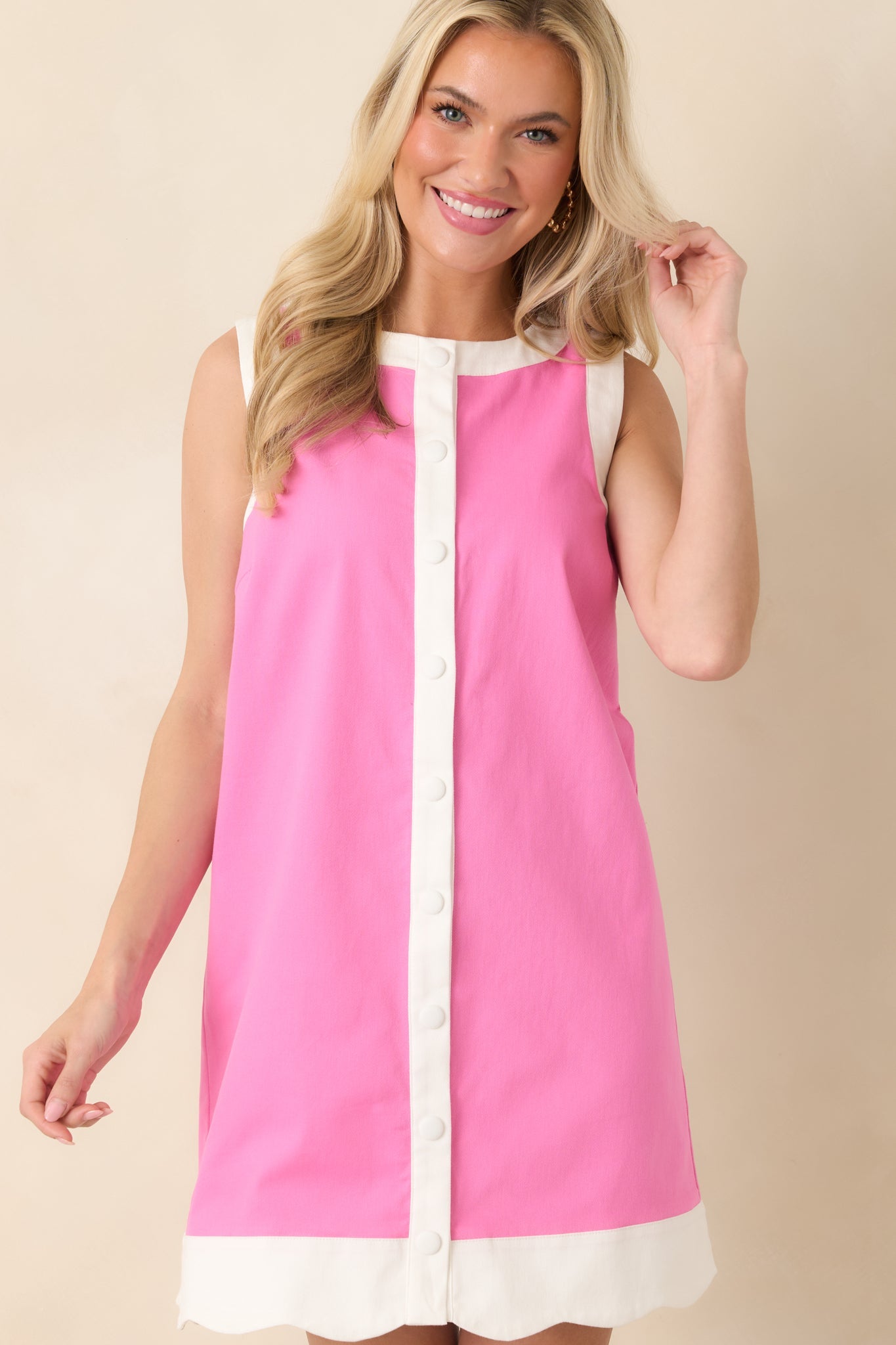Women's Just Had To Pink Cotton Contrast Trim Sleeveless Mini Dress | 97% Cotton & 3% Spandex Contrast: 97% Cotton & 3%  1
